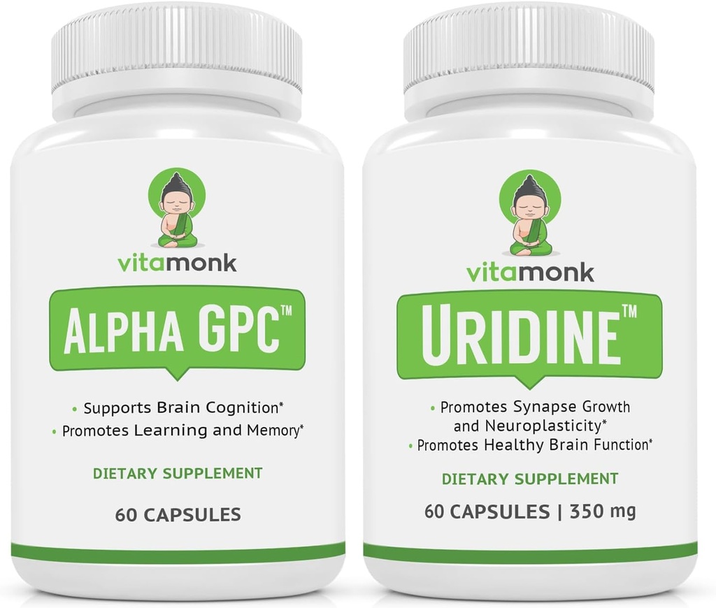 VitaMonk Alpha GPC en Uridine Stack - Mr Happy Stack - Uridine Monofosfaat zonder kunstmatige fillers - Bio available Choline Supplementen bevorderen cognitie, focus, geestelijke helderheid