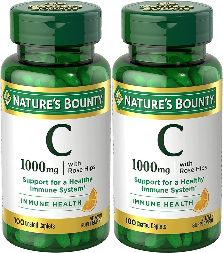 Nature's Bounty Vitamine C + Rose Hips, Immune Support, 1000mg, Coated Caplets, 100 Ct - Verpakking van 2