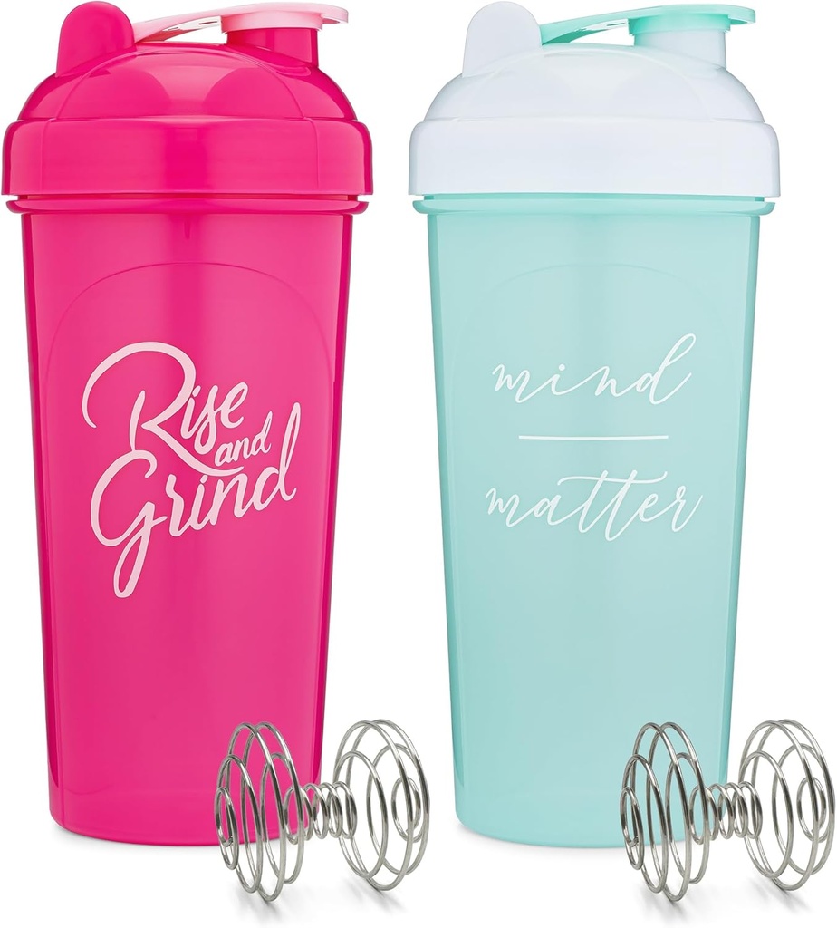 [2 Pack] 28-once Shaker Bottle with Motivational Quotes (Pink & Mint/White)