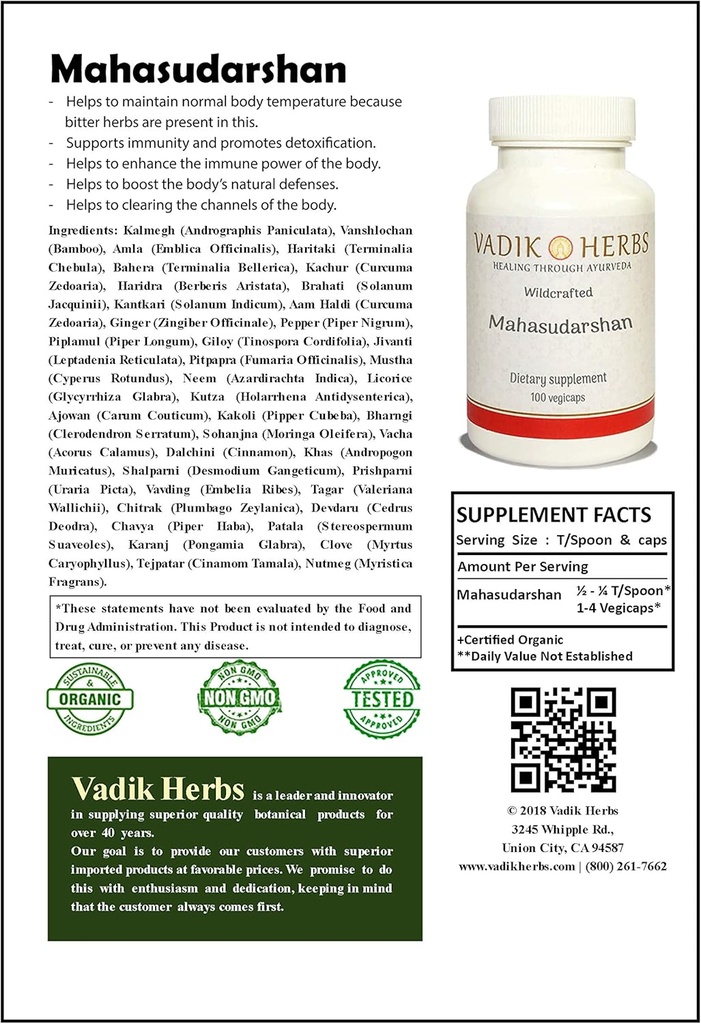 Gecertificeerd biologisch Vadik Kruiden Mahasudarshan Poeder 1lb. Pack 