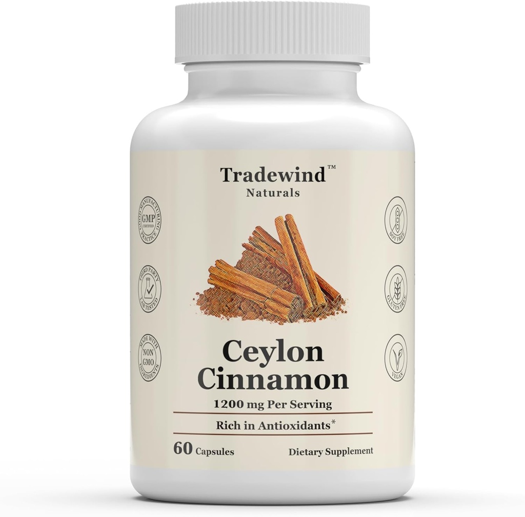 Ceylon Cinnamon 1200mg - Pure Ceylon Cinnamon - Vegan - Non-GMO - Ondersteuning Hart- en cognitieve gezondheid - Rijk aan antioxidanten - 60 plantaardige capsules - Made in The USA