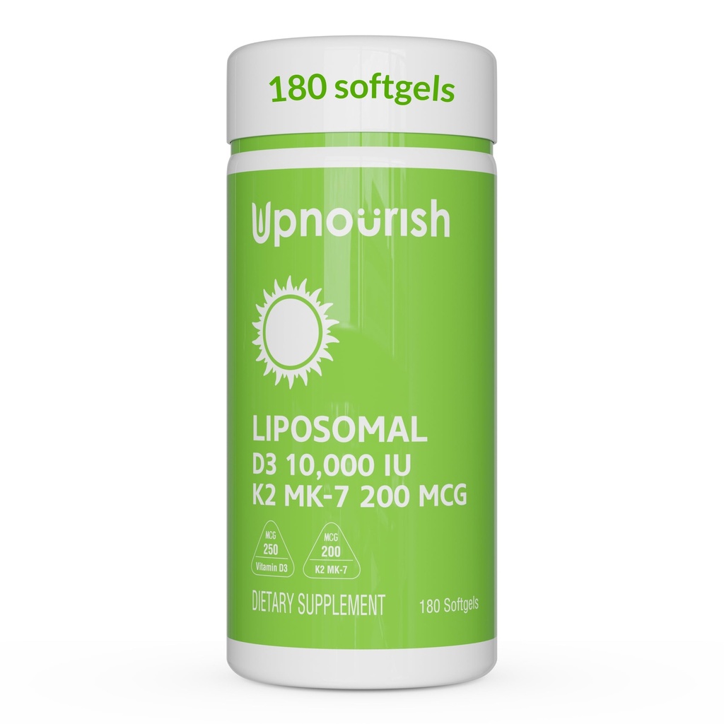 UpNourish Liposomal D3 K2 Vitamine 10000 IE D3 en K2 MK-7 200 mcg - 180 Vitamine D3 k2 (Vitamine D3 con K2) Mini Softgels - Eenvoudig doorslikken K2 D3 Vitamine