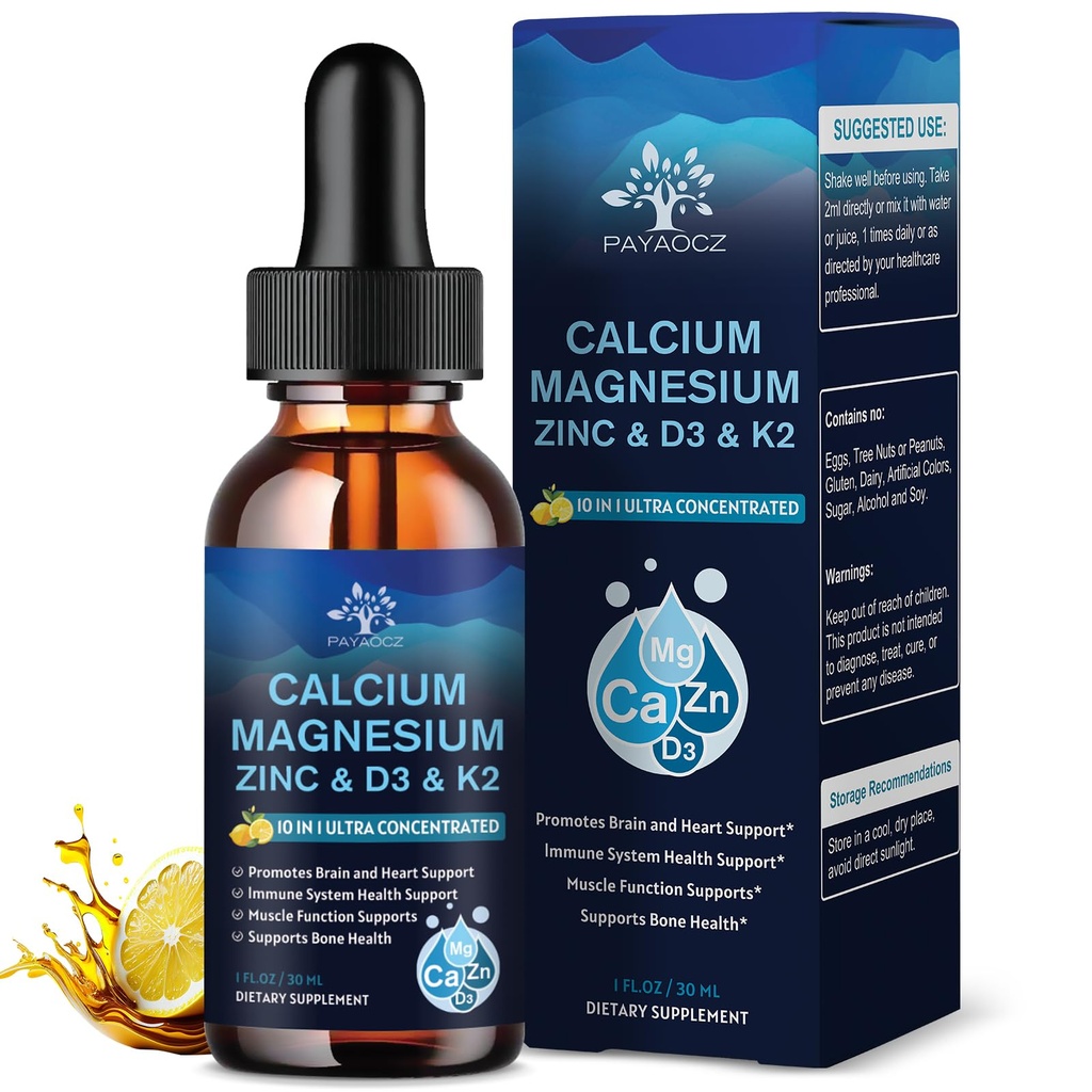 (2 Pack) 10 in 1 Magnesium Calcium Zink Supplement met vitamine C D3 K2, Glycinate Mag Vegan Liquid Drops Plus L-Theanine Boron Sea Moss Extract, Immuun Ondersteuning, Bot, Slaap & Leg Kramps, 1 Fl Oz