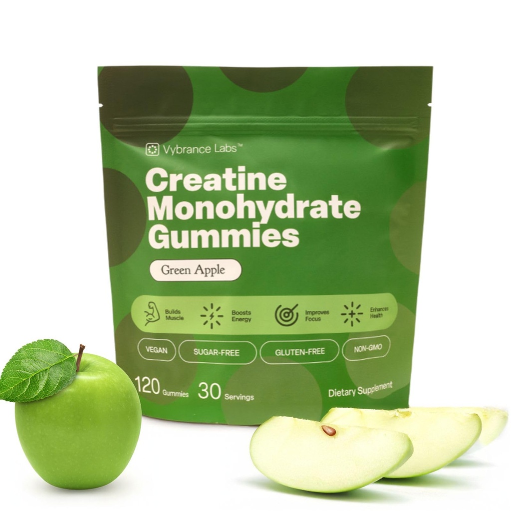 Creatine Gummies 5g Monohydraat + Taurine & B12 - Suikervrij, Veganistisch, Glutenvrij - Groene Apple - 120 Tellen (30 porties) voor sterkte, energie en focus