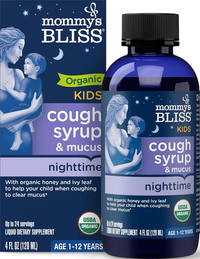 Mama's Gelukzaligheid Biologische Kids Hoest Siroop & Slijm Relief voor Nachttijd, Agave & Honing, Ivy Leaf, Zink, Vitamine C, +Herbal Nighttime Blend, 4 Fl z