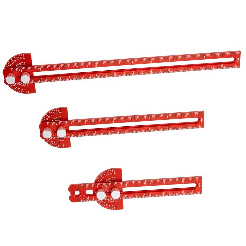 Woodworking Liniaal, TOURACE 3Pcs Precision Pocket Liniaal Metalen schuif Regel Houtbewerking Gereedschap T Vierkante Metrische/Inch Draagbare Liniaal met Protractor Angle Finder(6/8/12 Inch)