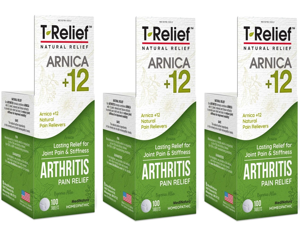 T-Relief Extra sterkte Artritis Pijn Reliever Arnica +12 Natuurlijke geneesmiddelen voor gewrichtspijn Stiffness Aches, Quick Dissolving Pain Relief for Women & Men - 100 Tablets (pakket van 3)
