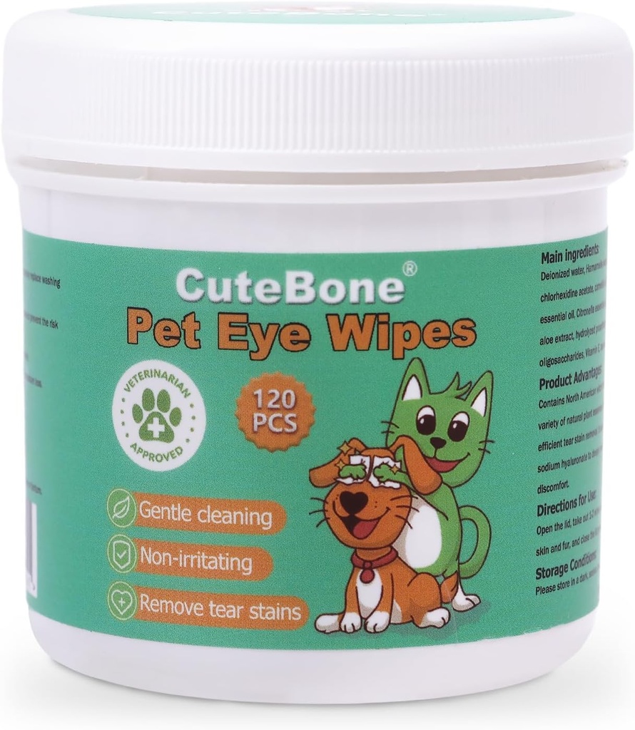 CuteBone Pet Eye Wipes 120 Graaf - Zachte en verzachtende oogreiniging Wipes voor honden en katten, Verwijdert vuil, traan vlekken en puin, voorkomt ooginfecties, natuurlijke ingrediënten, veilig en gemakkelijk te gebruiken
