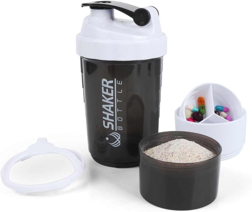 Shaker Bottle - Proteïne Shaker Cup met opslag compartments - Leak-proof Workout Shake Bottles with Mixer for Smooth Mixing-500ML/16oz (WHITE & Black)