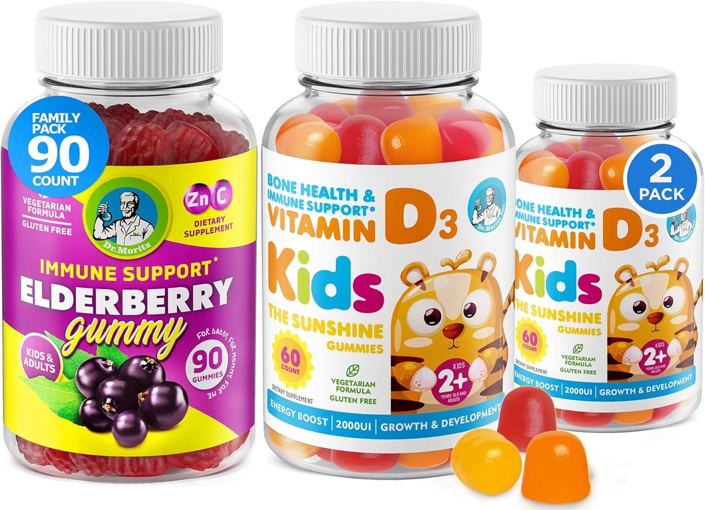 Vitamine D Gummies en vlierbessen Gummies - Immuniteit Mega Boost voor kinderen en volwassenen - Vegetarische Gelatine-vrije Immune Ondersteuning Vitaminen voor kinderen