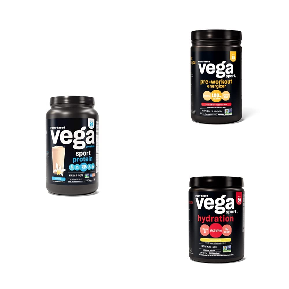 Vega Sport Routine Bundle - Premium Vanille Proteïne Poeder (20 Servings) Aardbei Lemonade Preworkout Energizer (25 Servings) en Limonade Electrolyte Hydration (50 Servings)