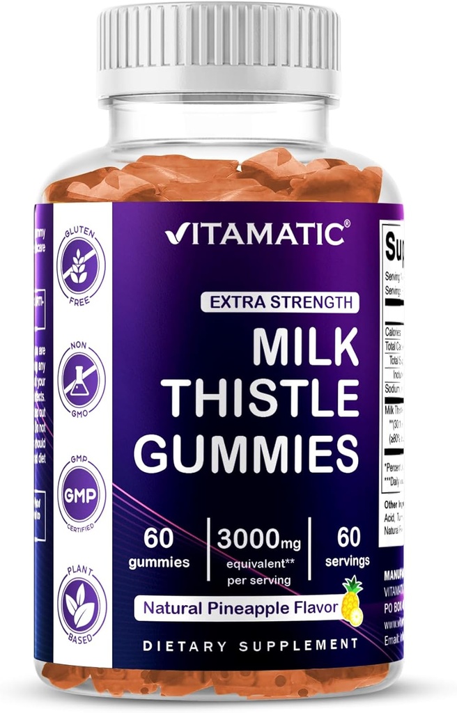 Vitamatic Milk Thistle Gummies- 10000 mg Equivalent per portie (van 50:1 Extract 200 mg)- Lever Detox & Anti Oxidant Health - Min. 80% Silymarin Flavonoids - 60 Pectin Based Gummies