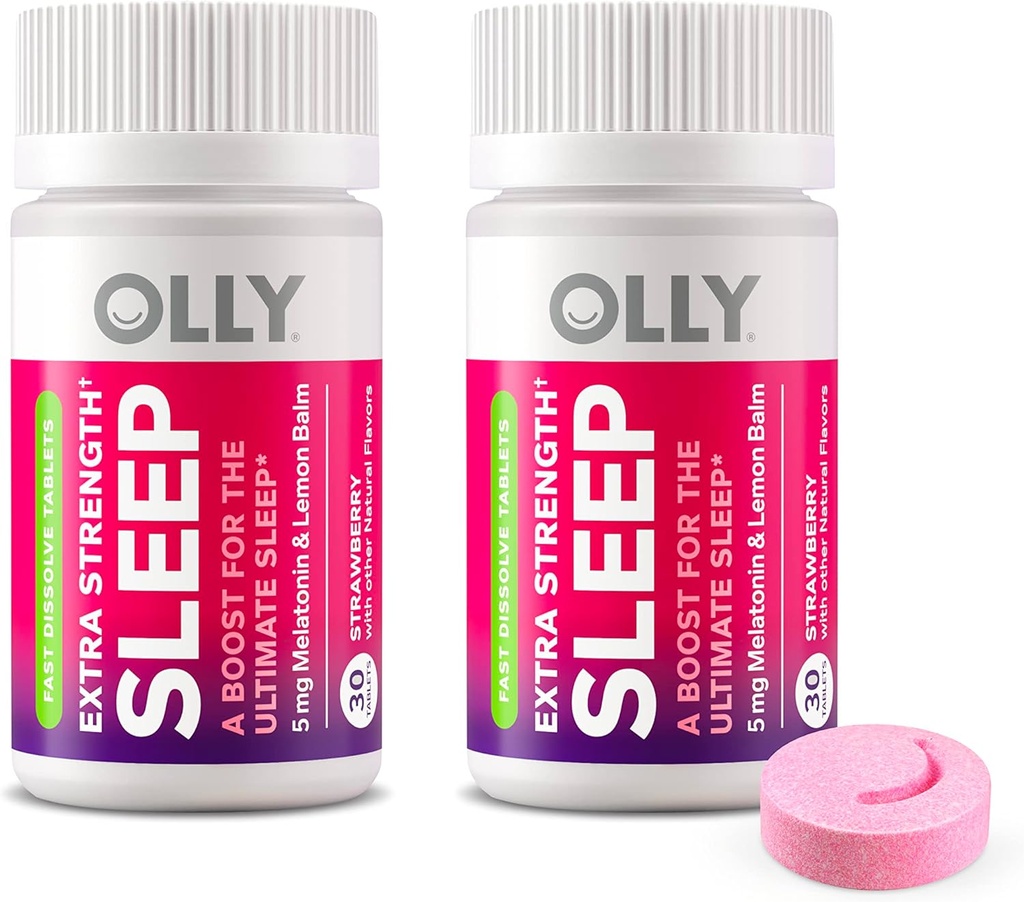 OLLY Extra sterkte slaap snel oplossen tabletten, 5mg melatonine, veganist, aardbei - 60ct