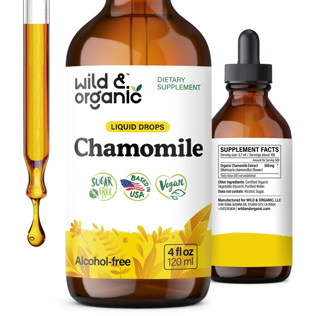 Wilde en biologische kamillebloemen Tinctuur - Kalmerend supplement voor ontspannen - kamille Extract vloeibare druppels - Vegan, suiker & alcoholvrije - 4 fl oz
