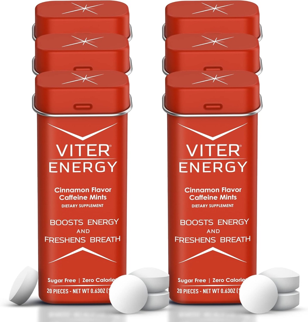 Viter Energy Cafeïnemuntjes (120 stuks) - 40mg Cafeïne, Suikervrij, Veganistisch, B Vitaminen Complex, Energiesupplement Cafeïne Pillen (Cinnamon, 6 Pack)