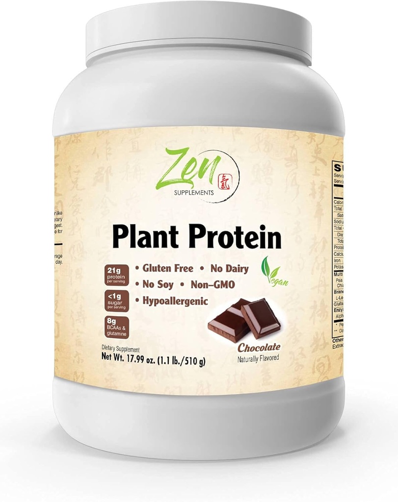 Zen Supplementen - Plant Proteïne-Chocolaat 510G 1.1LB -Powder - 23 Gram Proteïne per portie -Veganistisch, Low Net Carbs, Non Dairy, Glutenvrij, Lactosevrij, Geen Suiker Toegevoegd, Sojavrij, Kosher, Niet-GMO