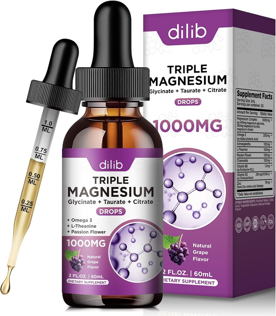 Magnesium Glycinate Liquid Drops met Taurate Citrate - Mangesium Supplement voor Slaap, Stress Relief, Bot, Spier - 2 Fl Oz, Vegan, Grape Flavor