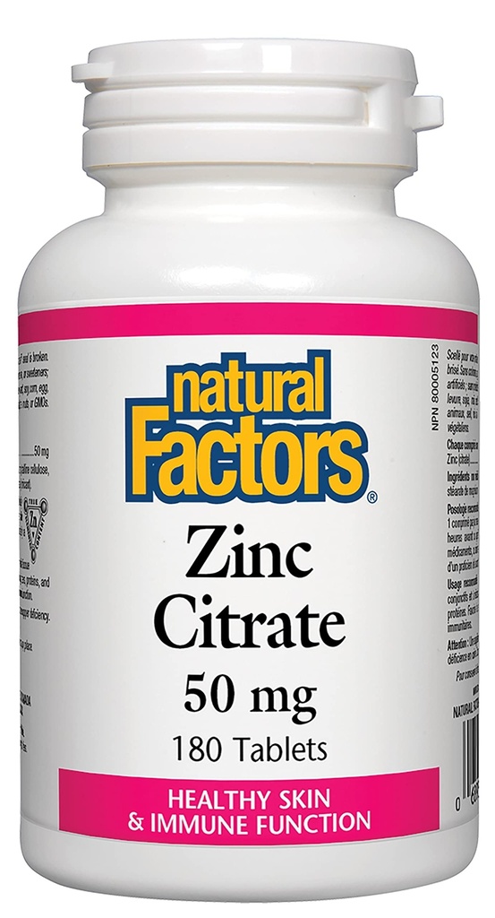 Natuurlijke factoren - Zink citraat 50mg, Ondersteuning voor gezonde huid en immuunfunctie, 180 tabletten