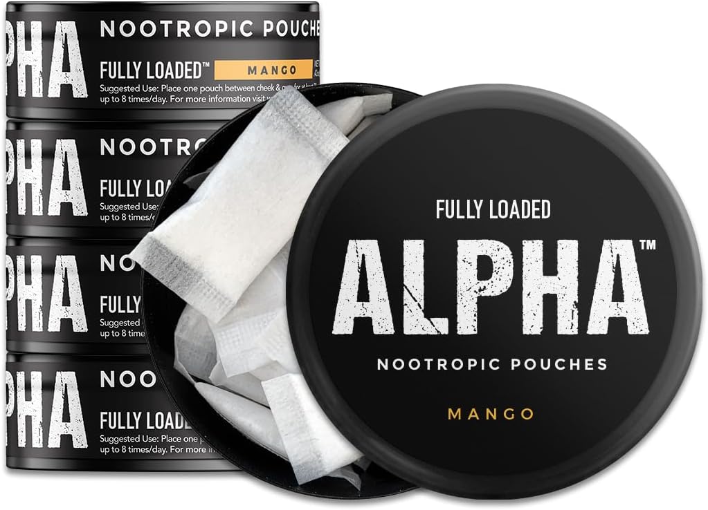Volledig geladen Alpha Nootropic Pouches (Mango) - 5 blikken - 15 zakjes per blik -Effectieve Nootropic Delivery, Nic Pouch Replacement - Snellere Absorptie, Alpha GPC, L-Tyrosine, GABA