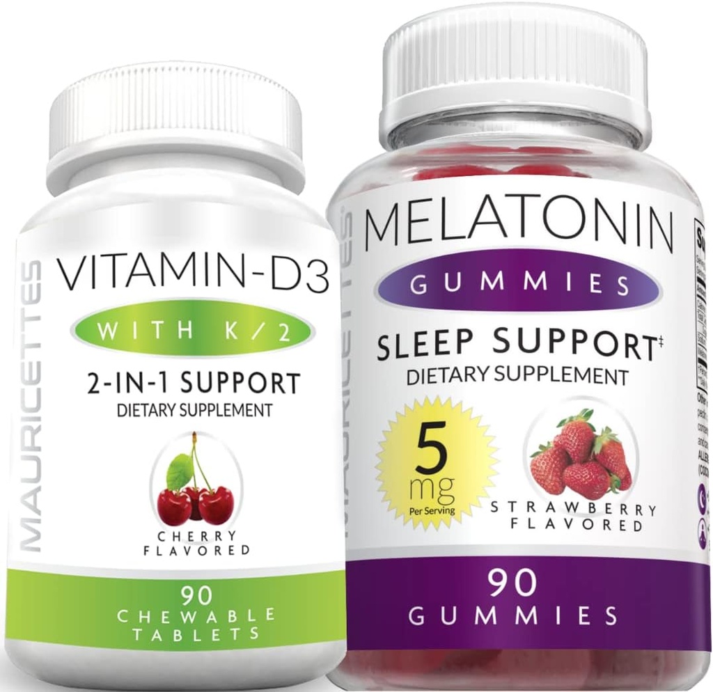 Mauricettes Kauwbare vitamine D3 met K2 & Melatonine Gummies Bundle Immune en slaap ondersteuning bundel voor kinderen en volwassenen