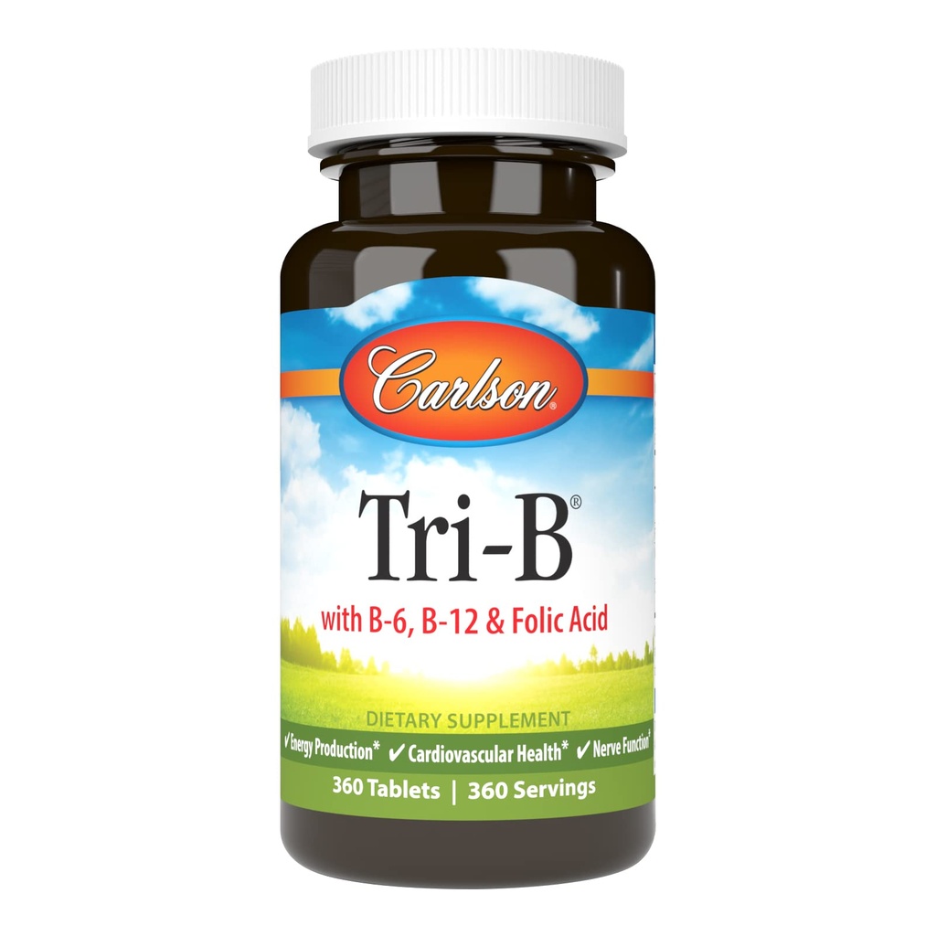 Carlson - Tri-B, Vitamine B Complex, 25 mg Vitamine B-6, 400 mcg Vitamine B-12, Foliumzuur Energie Pillen, Cardiovasculaire Gezondheid, B Complex Vitaminen, B12 Supplement, B Vitamine Complex, 360 Tabletten