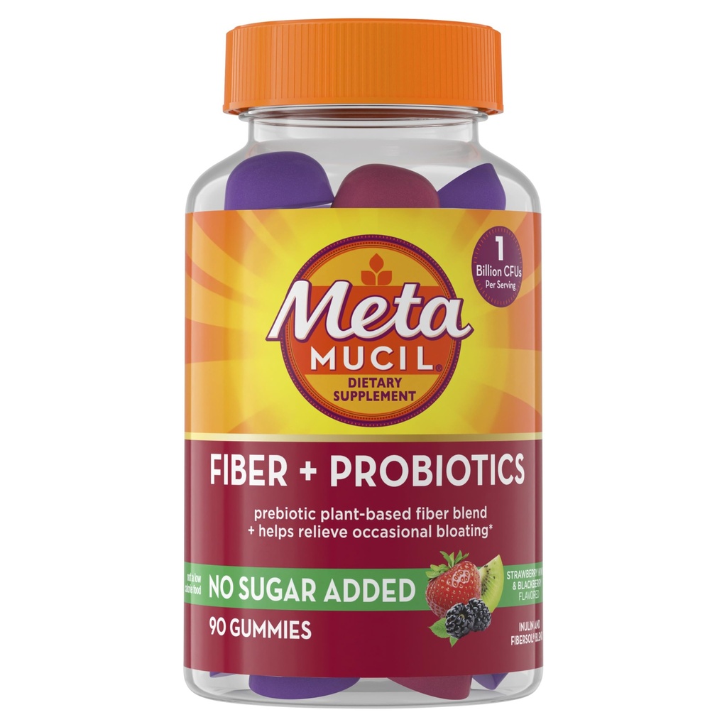 Metamucil Fiber Gummies voor volwassenen met Probiotica voor opgeblazen verlichting, Geen suiker toegevoegd aardbeien Kiwi BlackBerry smaken, 5g Prebiotic Plant Based Fiber Supplement Blend, 90 Tellen