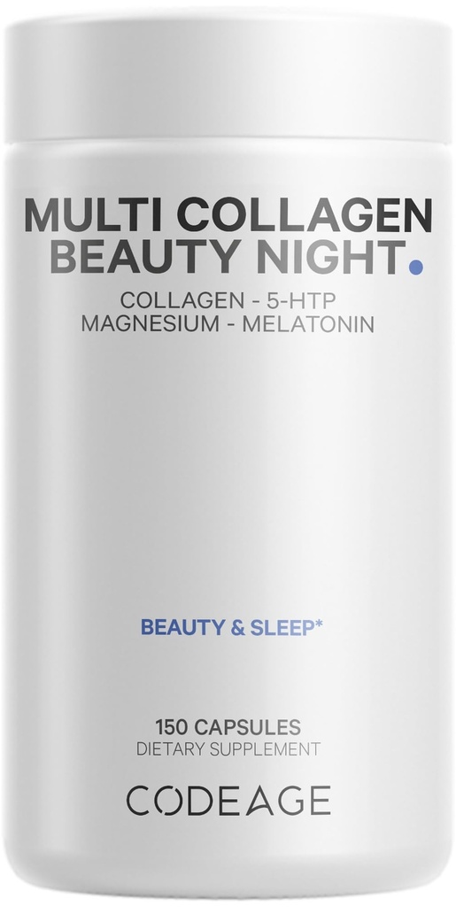 Codeage Multi Collageen Protein Beauty Night - Melatonine, Magnesium Bisglycinate, 5-HTP, L-Theanine, Engels Lavendel Bloem, Bone Broth - Vitaminen - Supplement - Slaappillen - Non-GMO - 150 Capsules