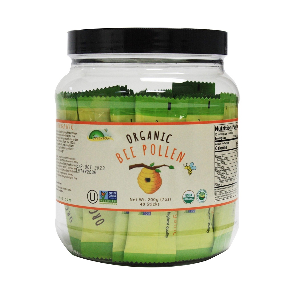 Greenbow Organic Bee Pollen - 100% USDA Certified Organic, Non-GMO, Halal, Kosher, GMP, Pure & Natural Bee Pollen - Superfood Packed with Proteins, Vitamins & Minerals - Gluten Free –5g x 40stick