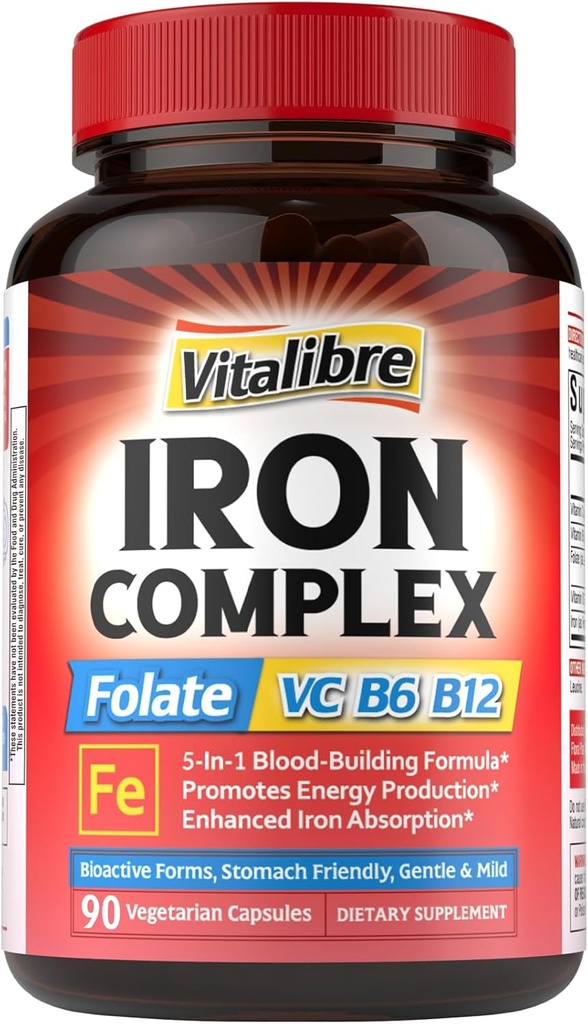 IJzersupplement voor vrouwen en mannen, met vitamine C, B6, B12 & Folaat voor ijzertekort, bloedopbouw en energie-ondersteuning, maagvriendelijk, betere absorptie, non-GMO, geen gluten, 90 Vegan Caps
