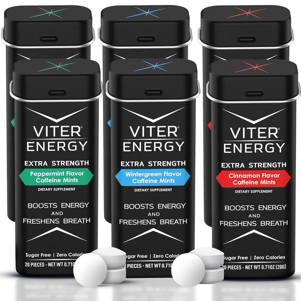 Viter Energie Extra sterkte Cafeïnated Mints 80mg Cafeïne, B Vitaminen, Suikervrij. (Variatie, 20st, 6 Pack)