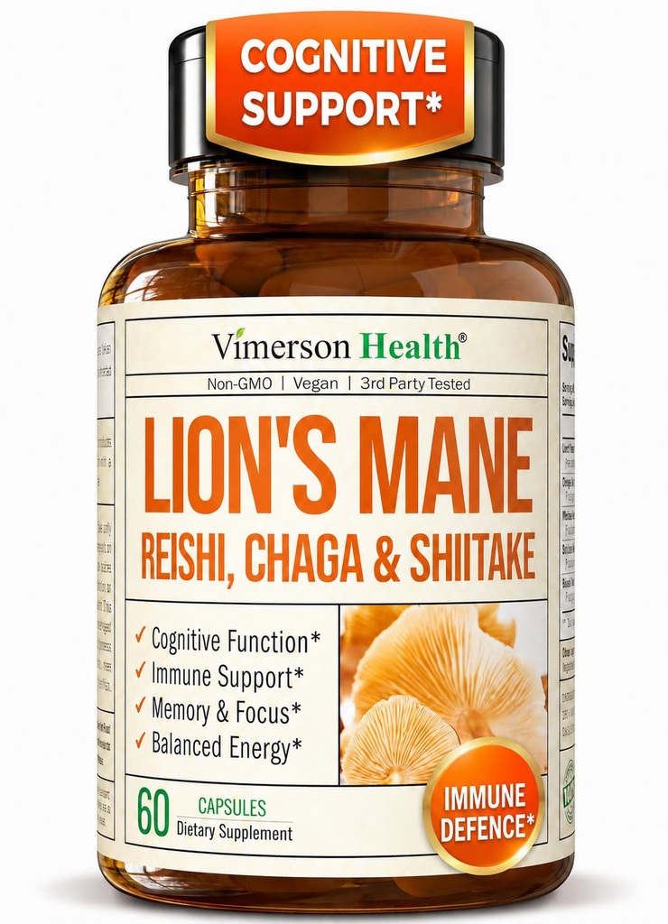 Lions Mane Supplement Capsules - Paddestoel Poeder Blend met Lions Mane Poeder, Turkije staart, Shiitake Paddenstoelen & Meer. Focus & energiesupplementen voor Mood & Immune Ondersteuning. Niet-GMO. 60 Vegan Capsules
