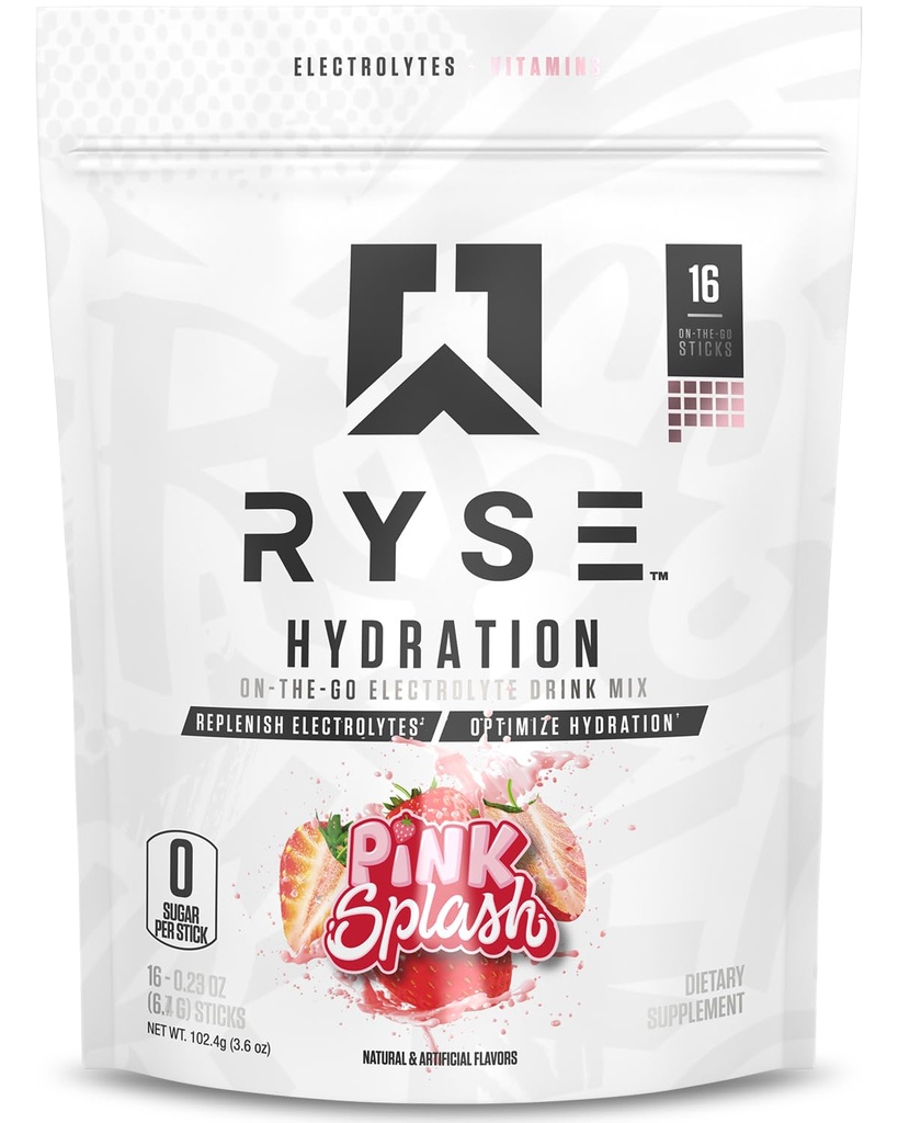 RYSE Hydration Electrolyte Powder Drink Mix Packets - Pink Splash - Sugar-Free Full Spectrum Elektrolyten met essentiële vitamines, Taurine en Choline voor rehydratatie - 16 Serving Sticks