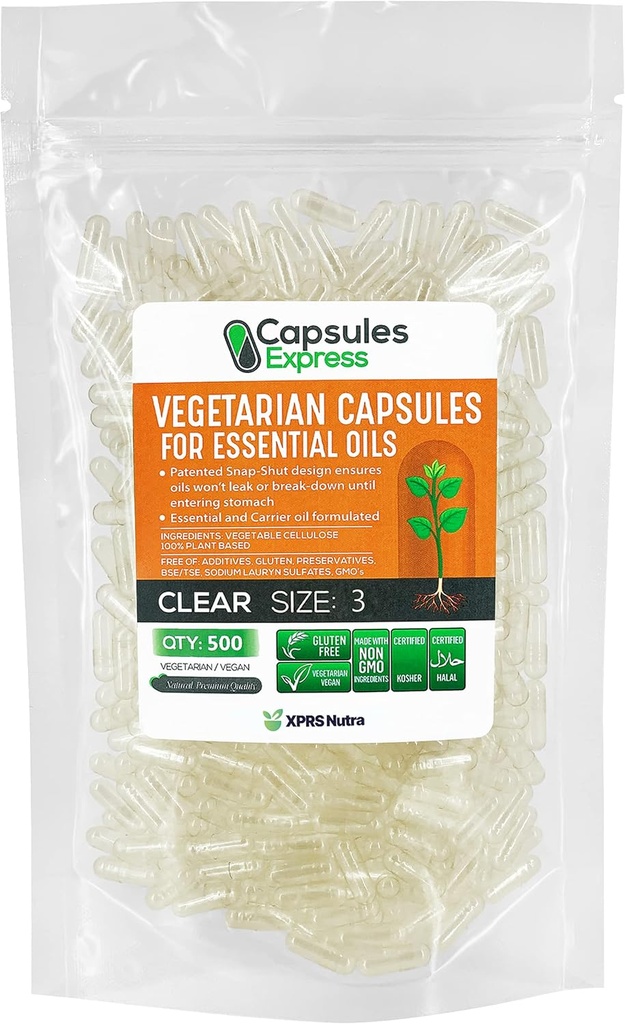 XPRS Nutra Maat 3 Lege Vegan Capsules - 500 Tel Clear Veggie Capsules voor de meeste essentiële oliën - Lege plantaardige pillen - DIY Olievulling