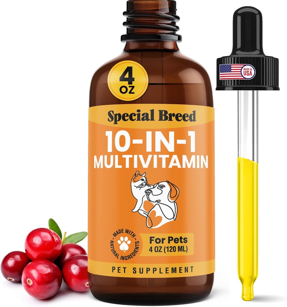 10-in-1 Liquid Multivitamine voor honden en katten, 4 Ounce Multi Vitamine Supplement, Vitamine voor honden, Vitaminen voor katten, met Glucosamine & Cranberry, 4 oz