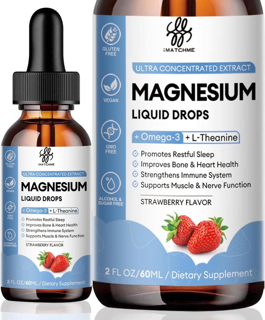iMATCHME Magnesium Glycinate Liquid Drop met Citraat, Oxide en Taurate, Kalm Magnesium met Omega3, L-Theanine, D3, B6, B12 voor Kalmte, Slaap, Been Krampen, Spieren, Energie, Suikervrije aardbeien smaak