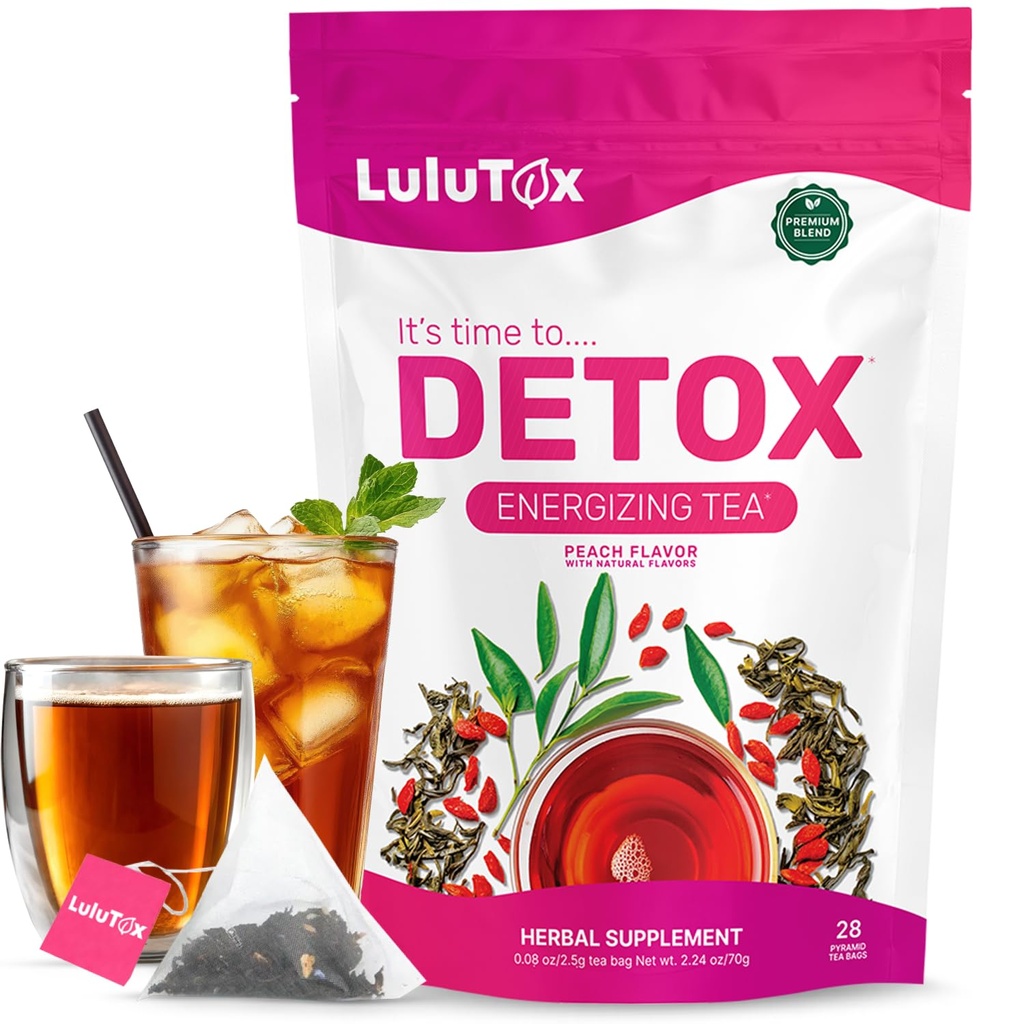 LULUTOX Detox Thee - Afslankende Thee met Dandelion en Ginseng om Goals voor Detox Reiniging, Flat Belly, Opgeblazen, Gezond Gewicht en Digestieve Gezondheid - Vrouwen & Mannen - Perzik smaak (28 Servers)