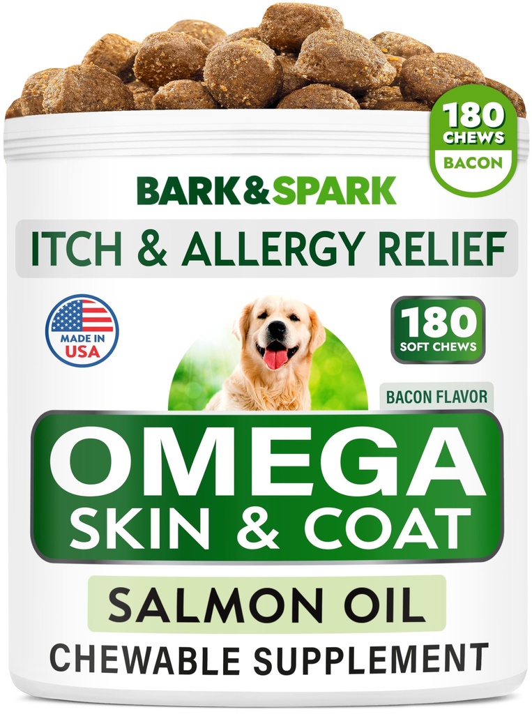 Omega 3 voor honden en katten - 180 Fish Oil Treats for Dog Sheding, Skin Allergie, Itch Relief, Hotspots Treatment - Joint Health - Skin and Coat Supplement - EPA & DHA Fatty Acids - Salmon Oil - Bacon