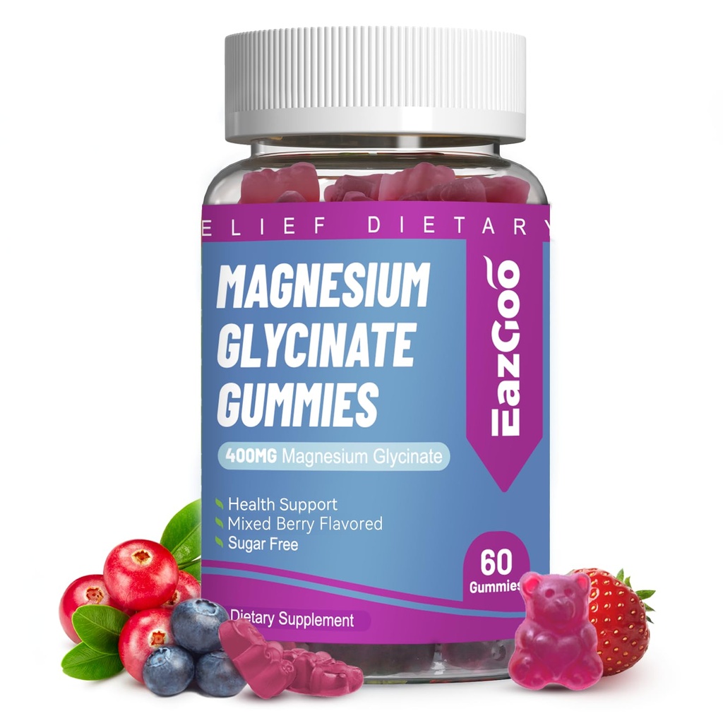 Magnesium Glycinate Gummies 400mg met L-Threonine 200mg - Sugar-Free Magnesium Kalium Supplement met Vitamine D, B6, CoQ10 voor Spier - 60 gemengde Berry Flavored Gummies
