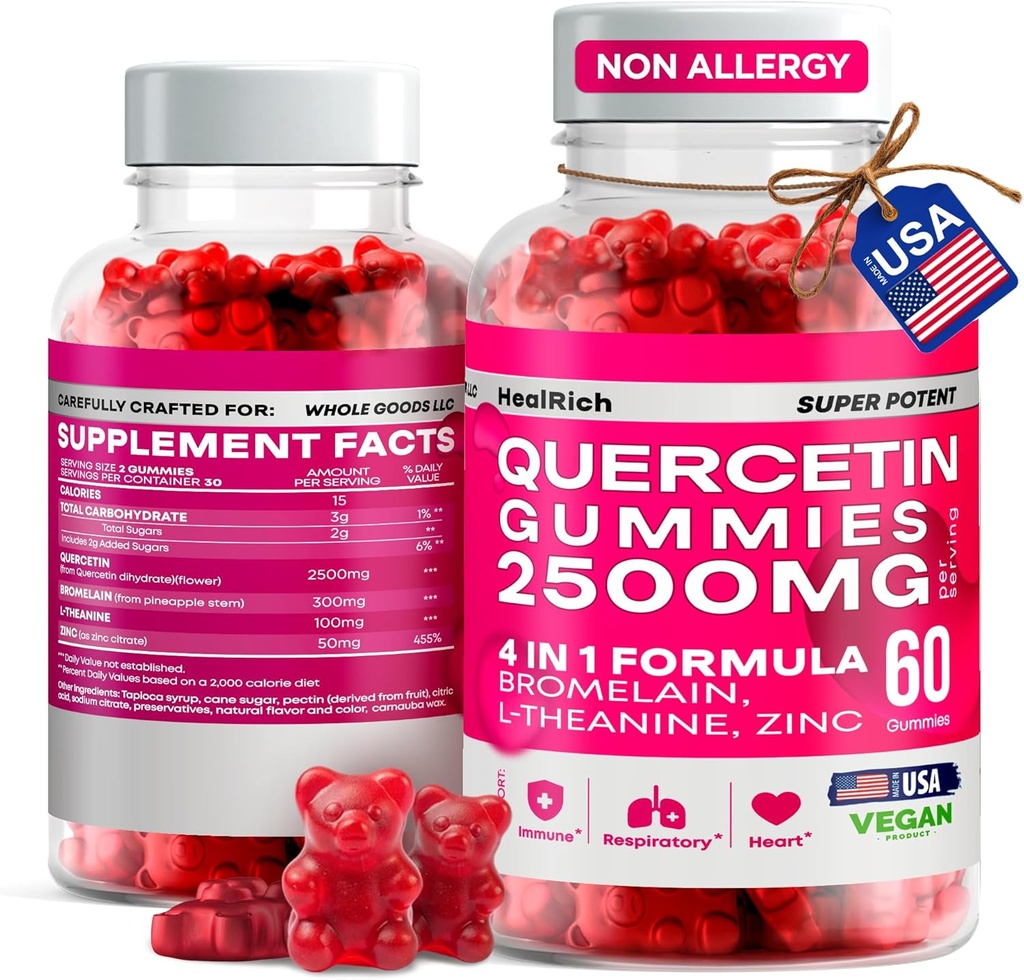 Quercetin Gummies - 2500MG Quercetin with Bromelain L-theanine & Zinc - Pure Supplement for Immune System Lung and Allergy Support - Immunity Booster Vegan Supplements for Kids & Adults - Made in US