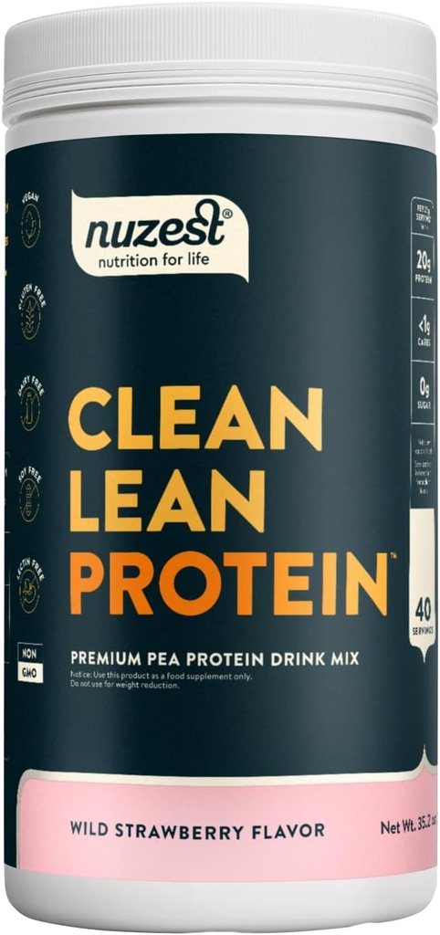 Nuzest - Pea Protein Poeder - Clean Lean Protein, Premium Vegan Plant Based Protein Powder, Dairy Free, Glutenvrij, GGO-vrij, natuurlijk gezoet, Wild Strawberry, 40 Servers, 2,2 lb