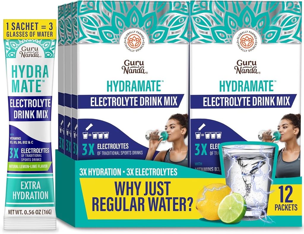 GuruNanda Hydramaat Hydramaat Hydration Support Drinkmix - Electrolyte Powder Packets for Dehydratation, Oefening & Energy - No Added Sweteners, Non-GMO, Natural Lemon Lime Flavor - 12 Telling (0,56 oz Each)
