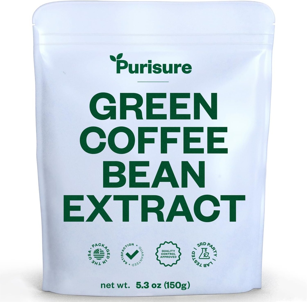 Purisure Green Coffee Bean Extract 150g, Green Coffee met Chlorogenic Acid, Body Detox en Reiniging voor vrouwen en mannen, natuurlijke eetlust Suppressant ter ondersteuning van vitaliteit en energie, 750 Serven