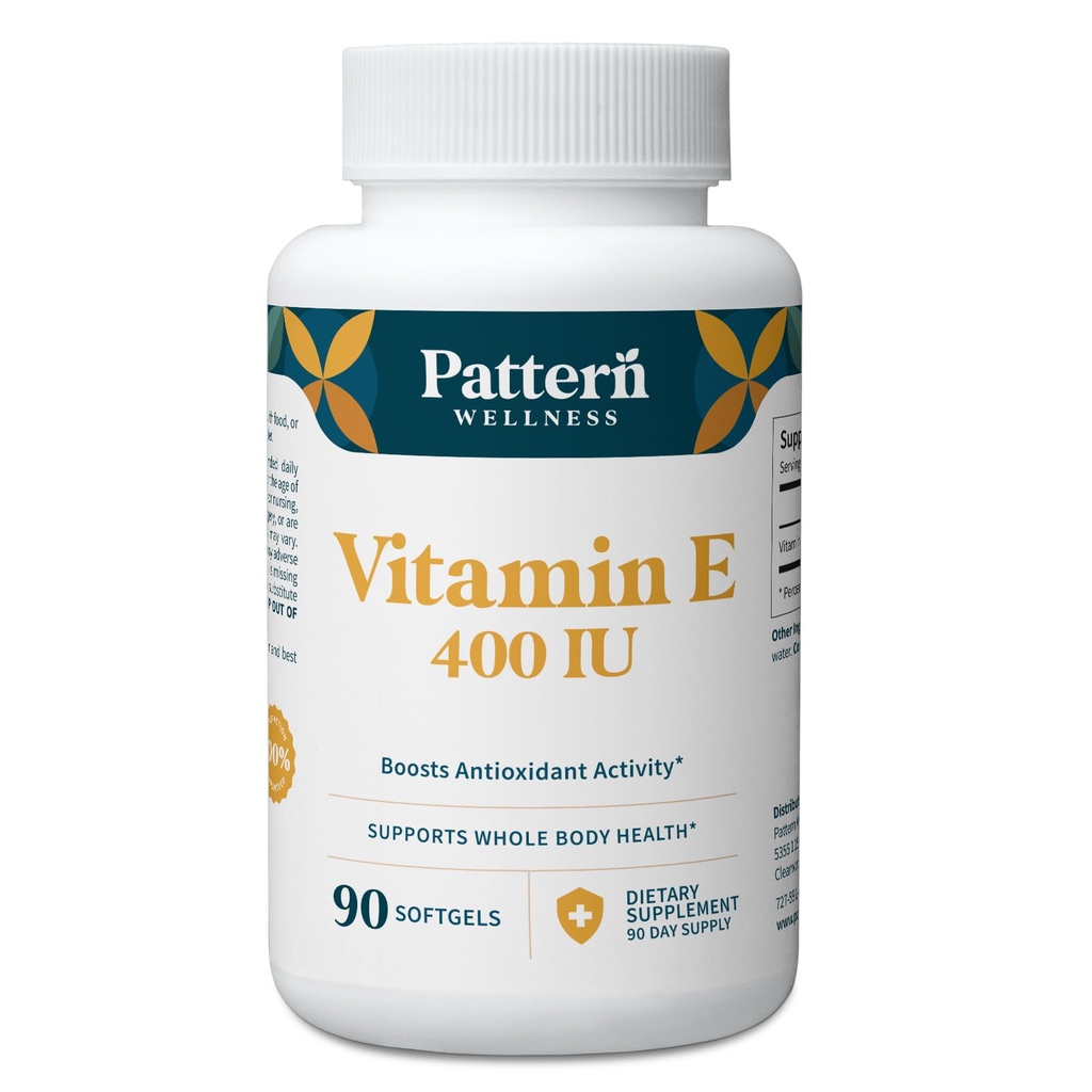 Pattern Wellness Vitamine E 400 IE Supplement - Boosts Antioxidant Activity - Supports Whole Body Health - Fights against Cellular Damage - 3rd Party Lab Tested - 90 Soft Gels