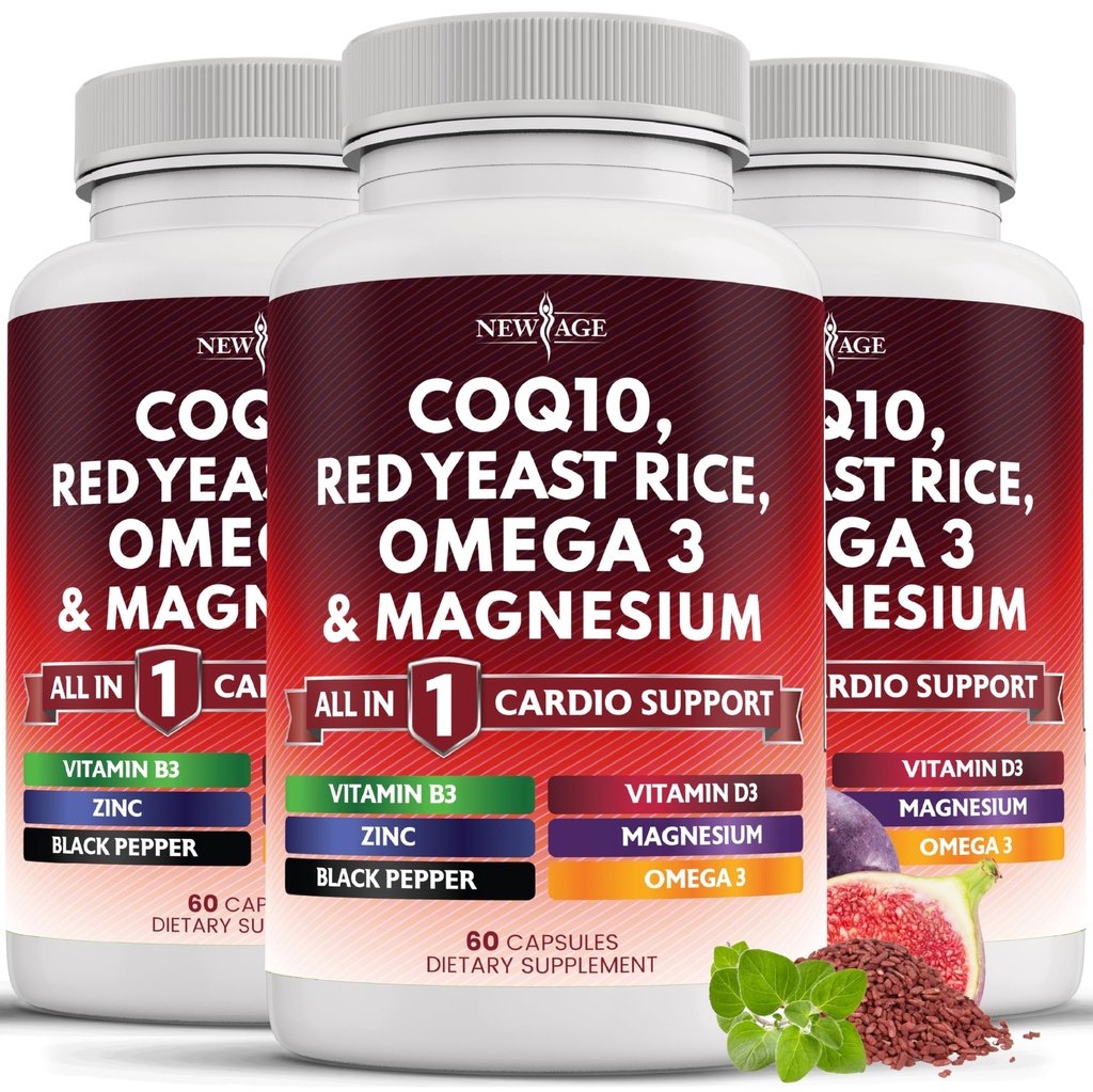NIEUWE AGE COQ10 200mg Rode Gist Rijst Omega 3-6-9 Magnesium Complex Zink Vitamine K2 D3 - Ondersteuning Vitaminen voor vrouwen en mannen met vitamine B3, Coenzym Q10-180 Tel.
