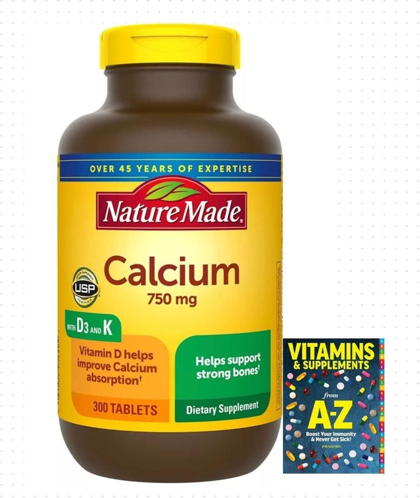 Adventure Home Calcium 750 mg met Vitamine D3 en K, Dieetsupplement voor Bone Support, 300 tabletten+ Betere gids vitamines supplementen Boek gratis