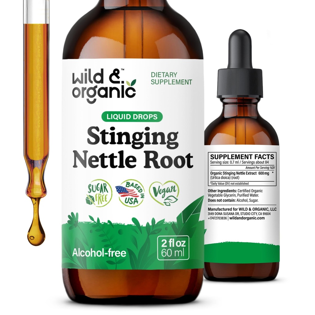 Wild & Organic Stingling Nettle Root Drops - Stinging Nettle Extract Tinctuur voor mannen & vrouwen - Liquid Urtica Dioica Supplement - Vegan, Sugar & Alcohol-Free - 2 floz