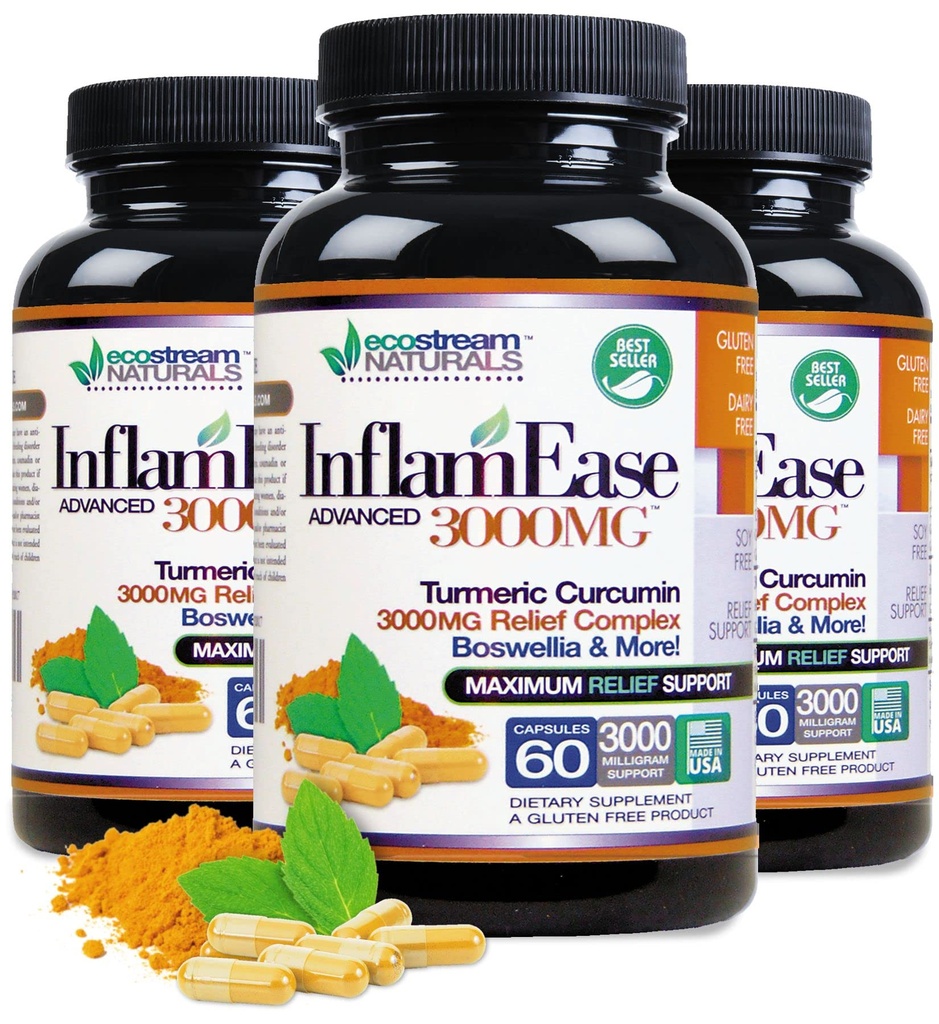 Pack of 3 - Natural Advanced InflamEase with Turmeric, Curcumin, Enzymes and Boswellia - Vegetarian (Packaging May Vary)