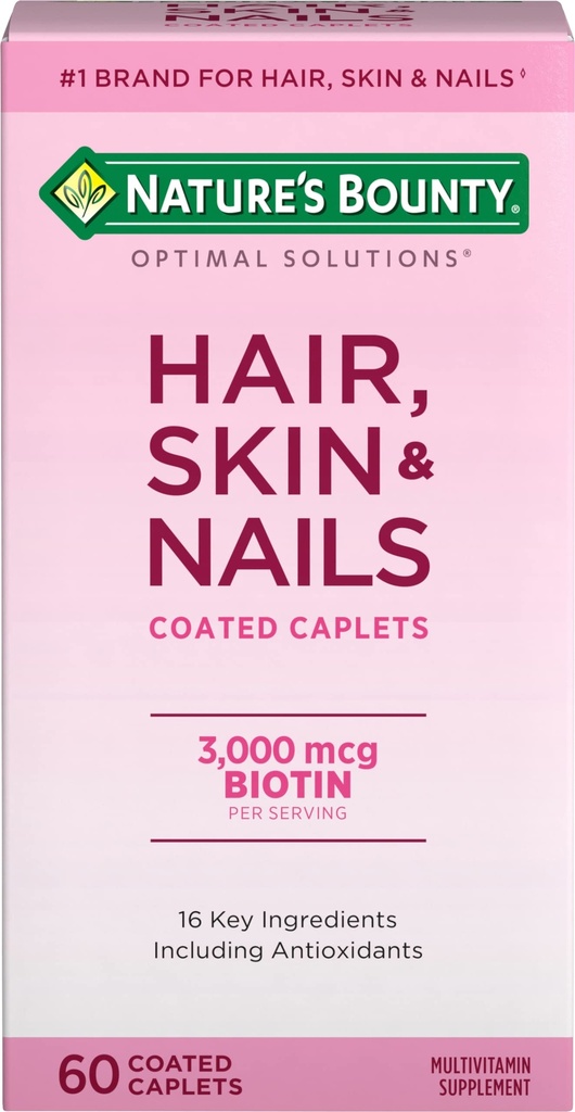 Nature's Bounty Optimale oplossingen Haar, Huid & Nagels Formule, met 3.000 mcg Biotine, 60 gecoate caplets, 20 Total Servings