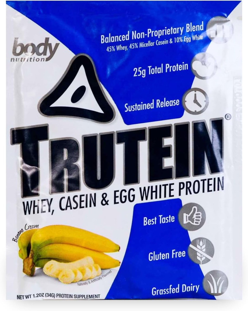 Body Nutrition Trutein High Protein Powder: 45% Wei, 45% Caseïne, 10% Egg White, Glutenvrij, Low Sodium, Grass Fed Whey Protein Powder, Gym Supplement & Breakfast Shake, Banana Cream, 34g Sample