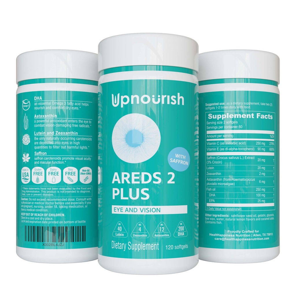 UpNourish AREDS 2 Plus Eye Vitamin Supplement, ARDES 2 Zinkvrij Formule met Luteïne, Zeaxanthine, Saffron, Astaxanthine & DHA - 120 softgels
